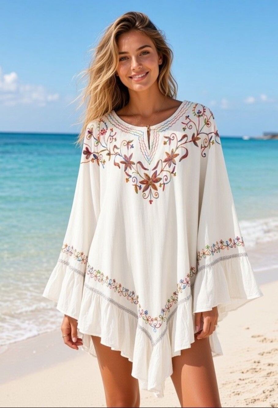Boho Embroidered Poncho Top Festival Beach Resortwear